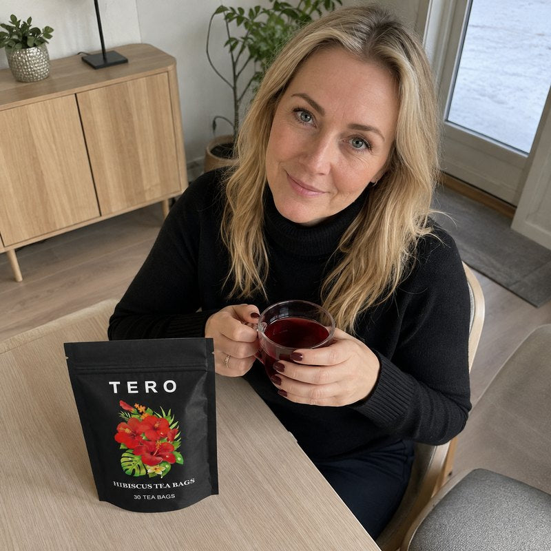 A cup of TERO hibiscus tea at home