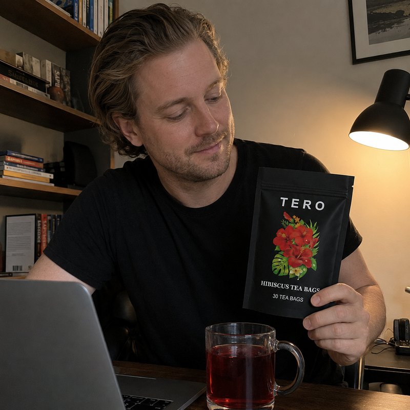 A cup of TERO hibiscus tea at home