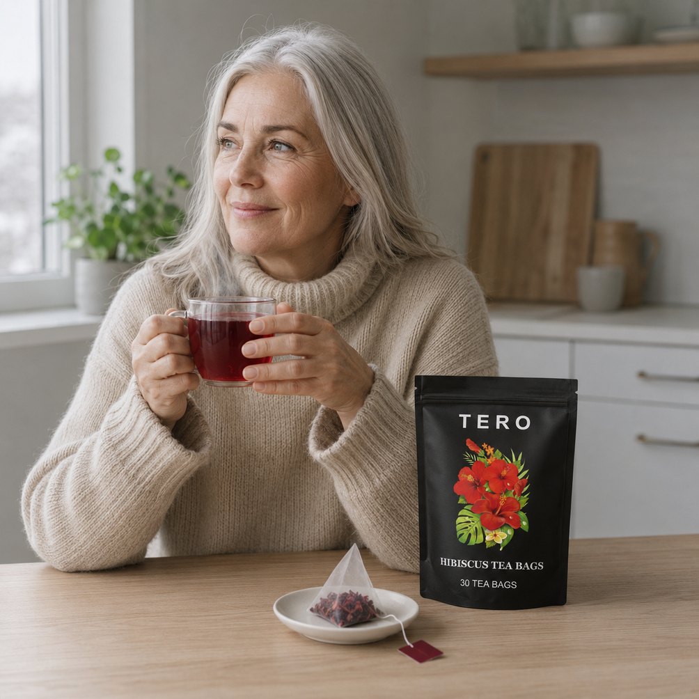 Woman at her kitchen table with a glass mug of TERO hibiscus tea