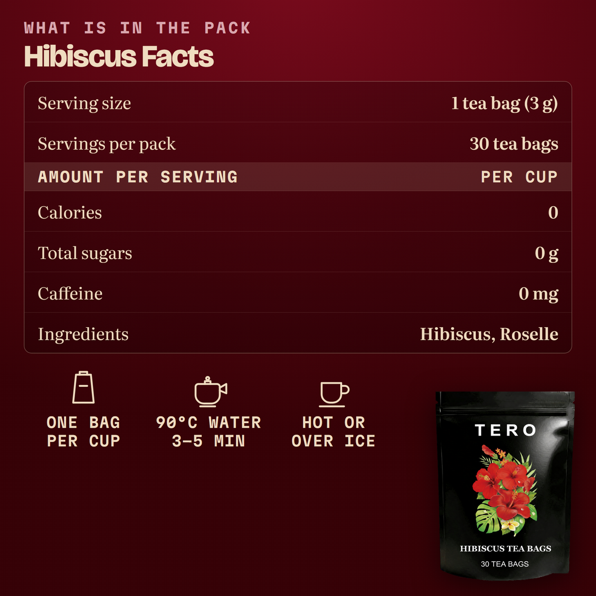 TERO hibiscus facts: 30 tea bags, 3g each, zero calories, zero sugar, zero caffeine