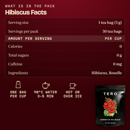 TERO hibiscus facts: 30 tea bags, 3g each, zero calories, zero sugar, zero caffeine
