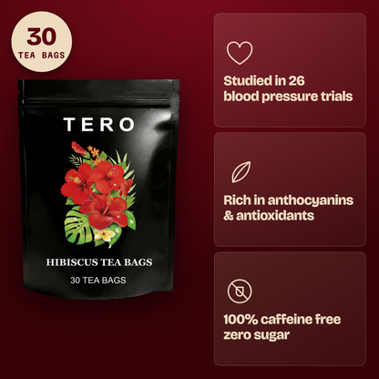 TERO hibiscus tea: studied in 26 blood pressure trials, rich in anthocyanins, caffeine free, 30 tea bags