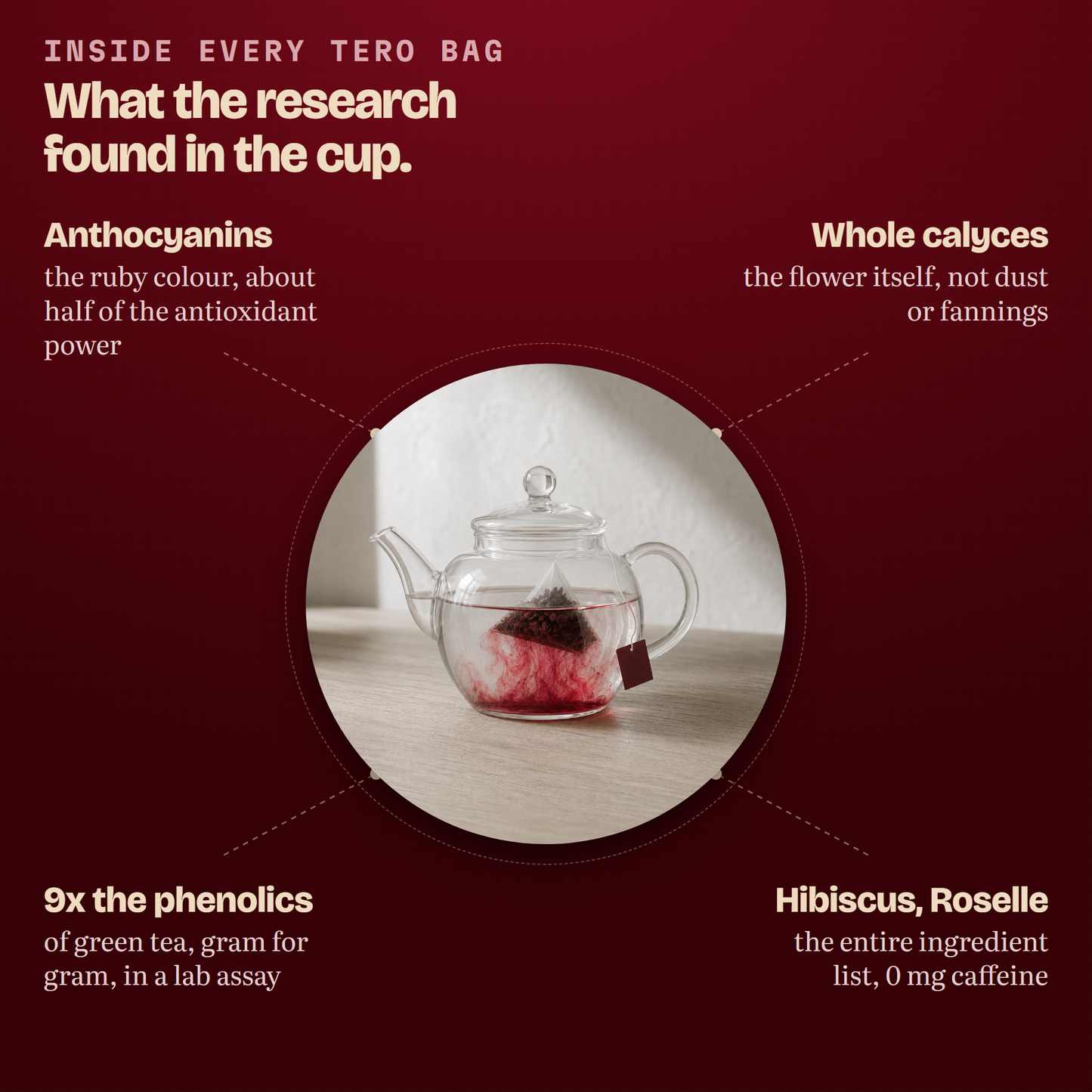 What the research found in the cup: anthocyanins, whole calyces, more phenolics than green tea, hibiscus and roselle only
