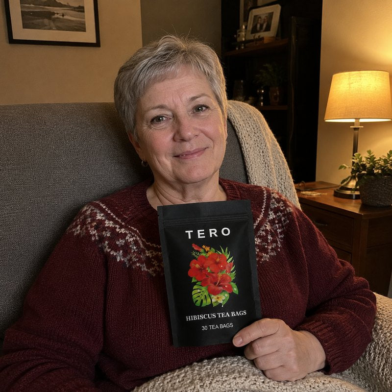 A cup of TERO hibiscus tea at home