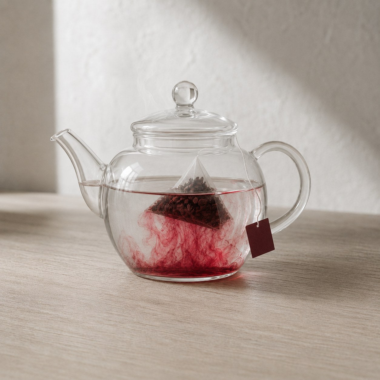 A glass teapot brewing a TERO hibiscus tea bag
