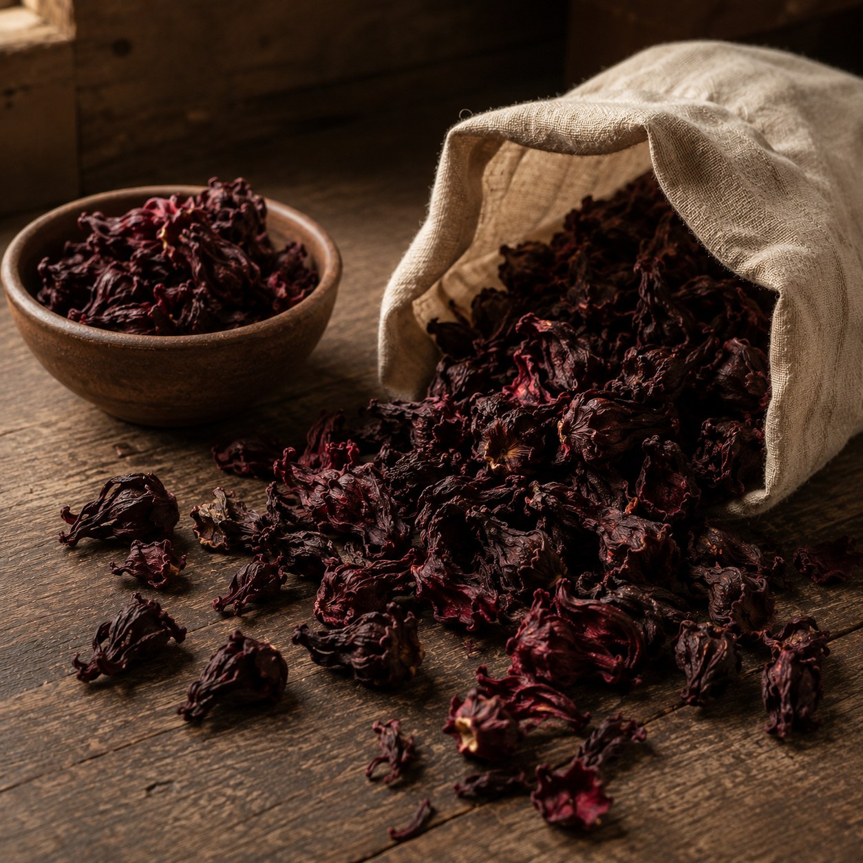 A linen sack tipped over, spilling whole dried hibiscus calyces